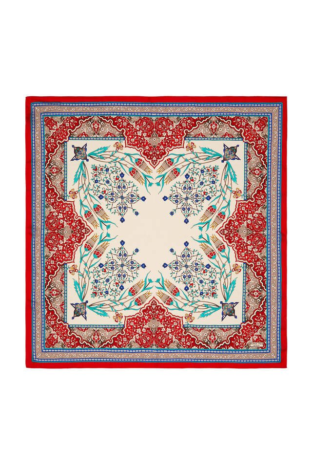 وشاح مربع حرير بنمط توليب شمعدان أحمر رمادي - Bursa İpek