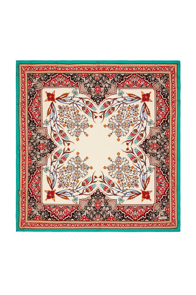 وشاح مربع من الحرير بنمط توليب شمعدان زيت أحمر - Bursa İpek