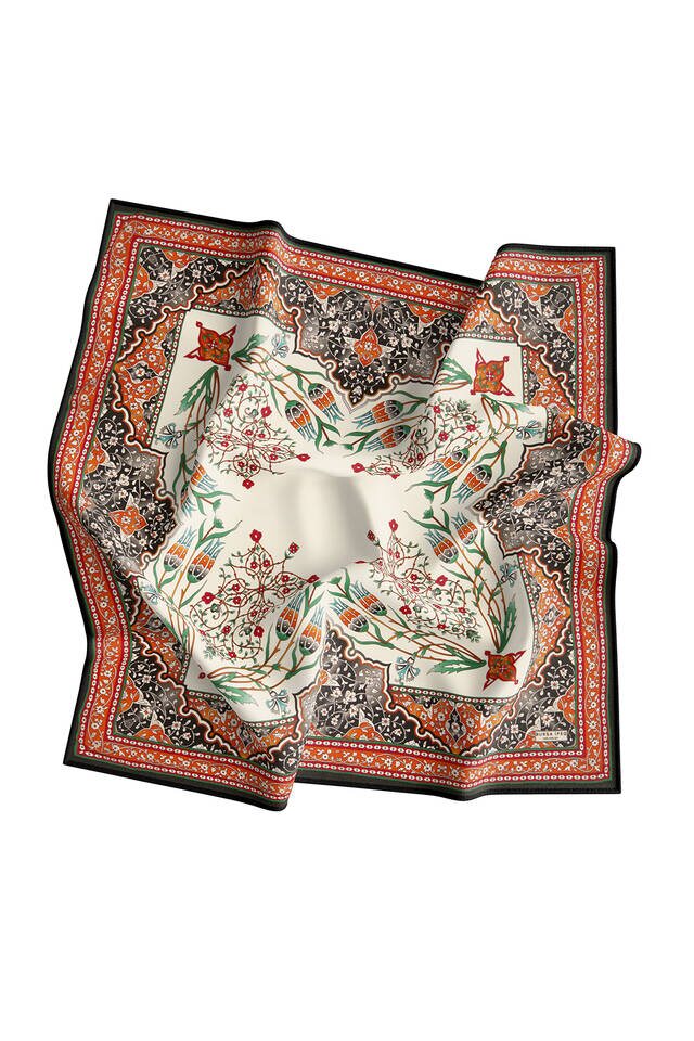 وشاح مربع حرير بنمط توليب شمعدان أسود برتقالي - 3