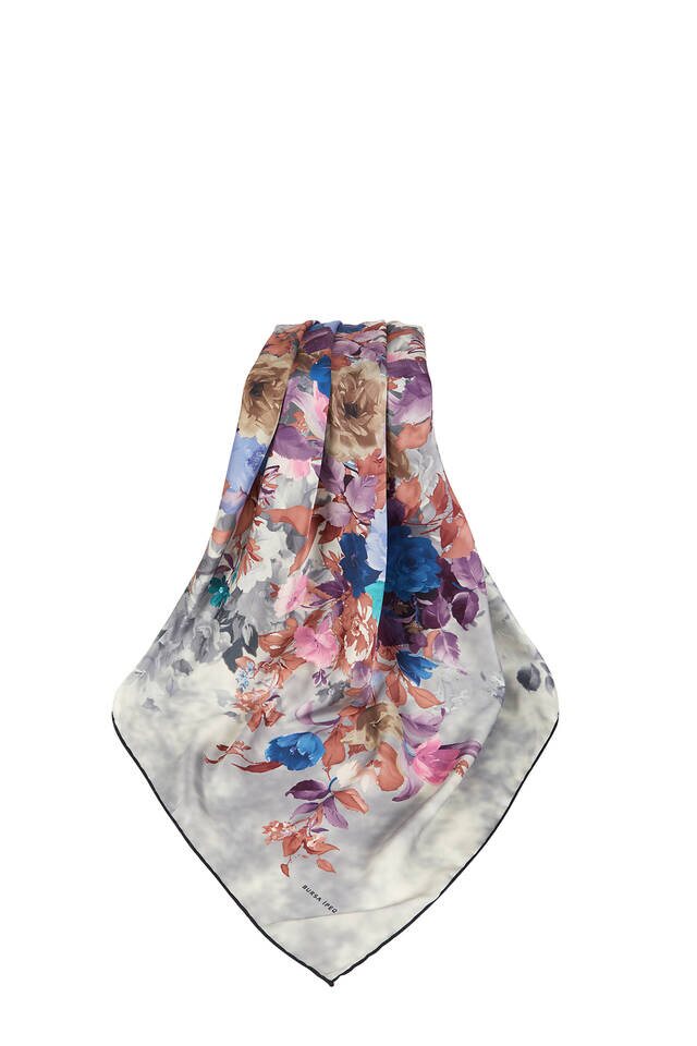 وشاح مربع حرير بنقشة بوكيه رمادي - 3