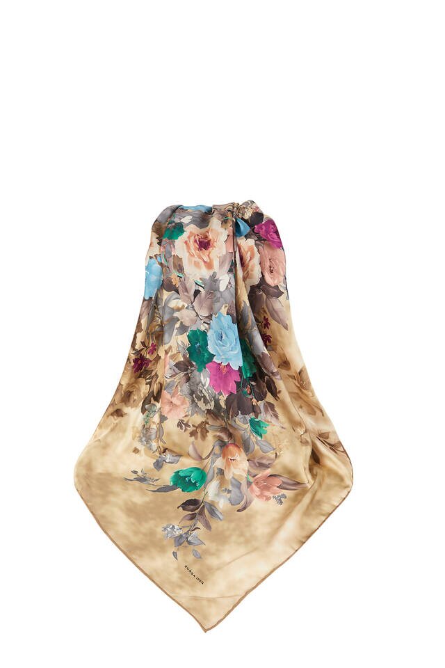 وشاح مربع حرير بنمط باقة ذهبية - 3