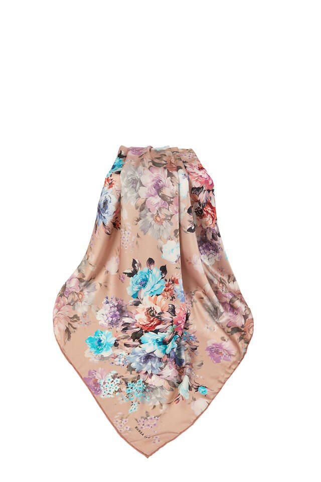 وشاح مربع حريري بنمط زهرة السلمون - 3