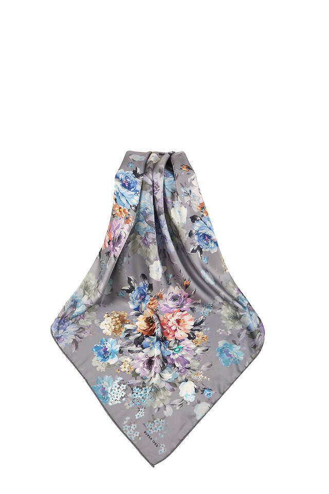 وشاح مربع حريري بنمط مربعات رمادي داكن - 3