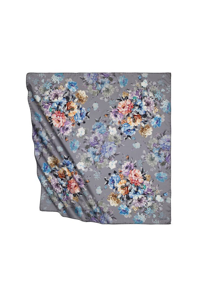 وشاح مربع حريري بنمط مربعات رمادي داكن 