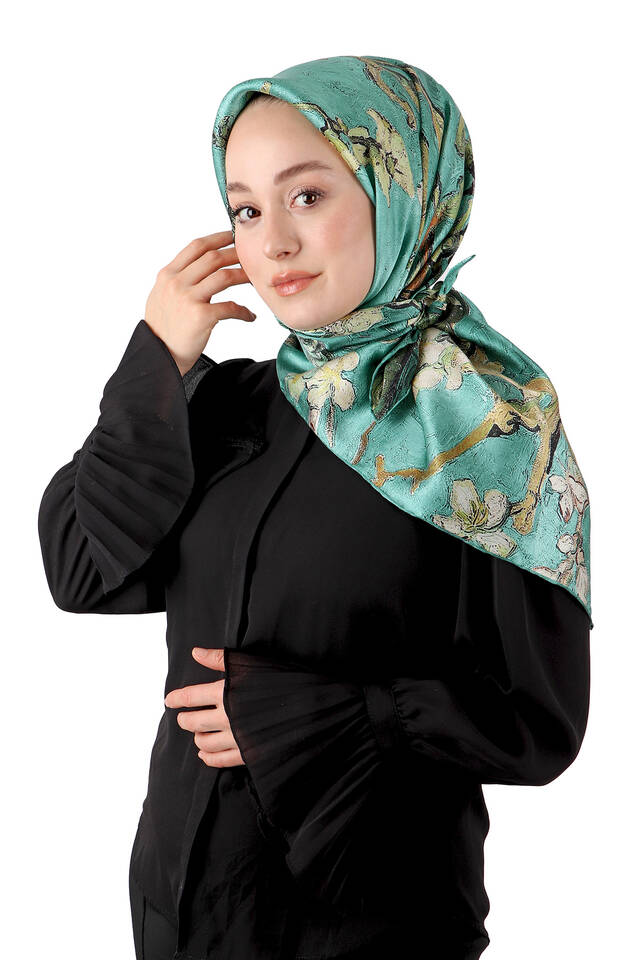 وشاح مربع من الحرير بزهرة اللوز والنعناع - 2