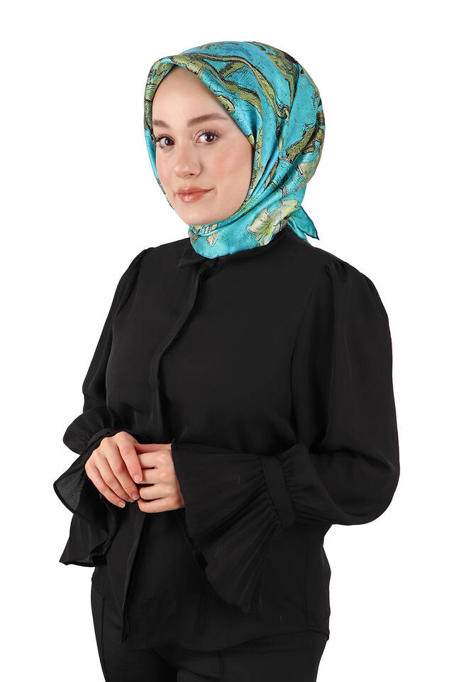 وشاح مربع من الحرير بزهر اللوز الأخضر المائي - 2