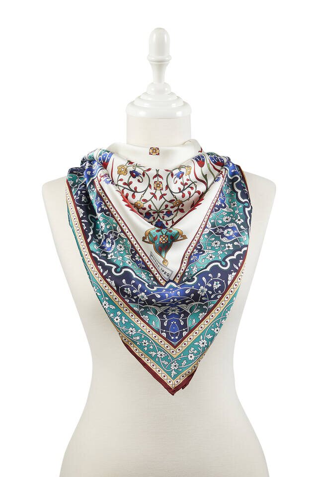 وشاح مربع حريري بنمط توليب شمعدان تركي أحمر كلاريت من الزمرد - 2