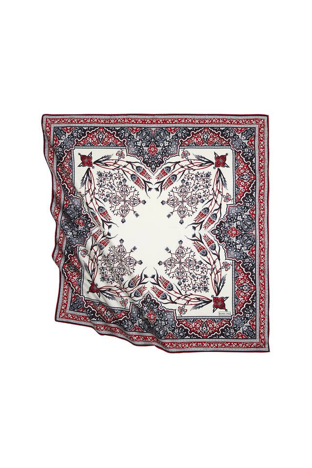 وشاح مربع حرير بنمط توليب أحمر وأسود تركي 