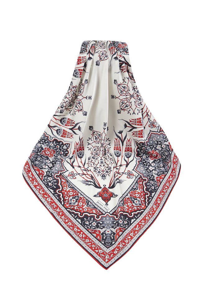 وشاح مربع حرير بنمط توليب أحمر وأسود تركي - 3