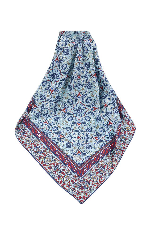 وشاح مربع حرير منقوش تركي أزرق كحلي تركواز - 3