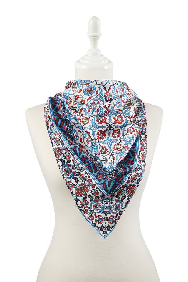 وشاح مربع حرير منقوش تركي أسود أزرق بترولي - 2