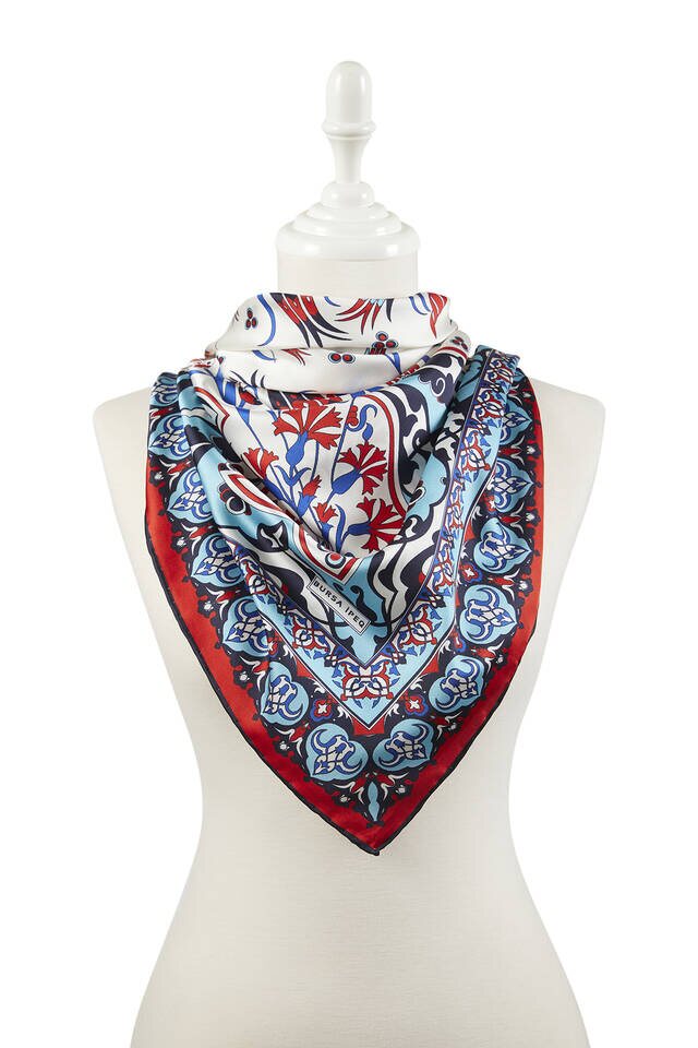 وشاح Çintemani قرنفل حريري منقوش تركي أحمر تركواز - 2