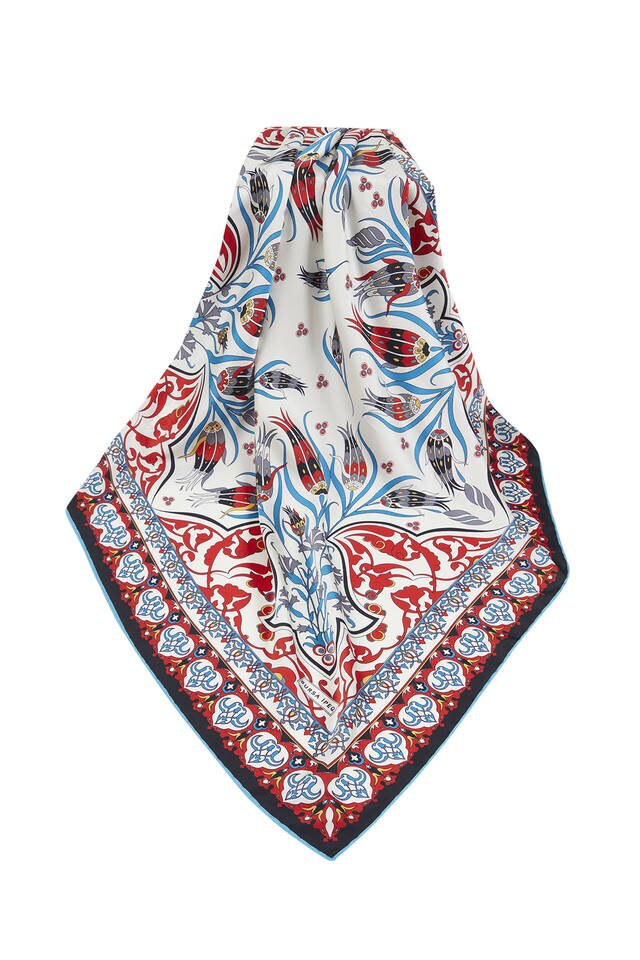 وشاح مربع حريري Cintemani نمط قرنفل بنمط تركي أحمر أسود - 3