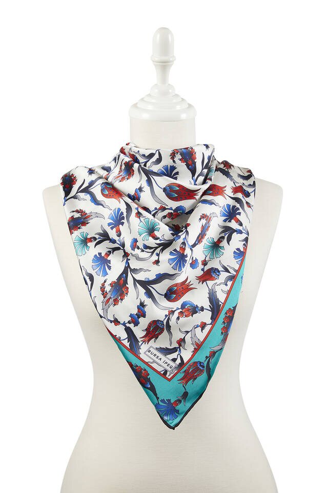 وشاح مربع حريري بنمط قرنفل تركي بنمط توليب وزيت - 2