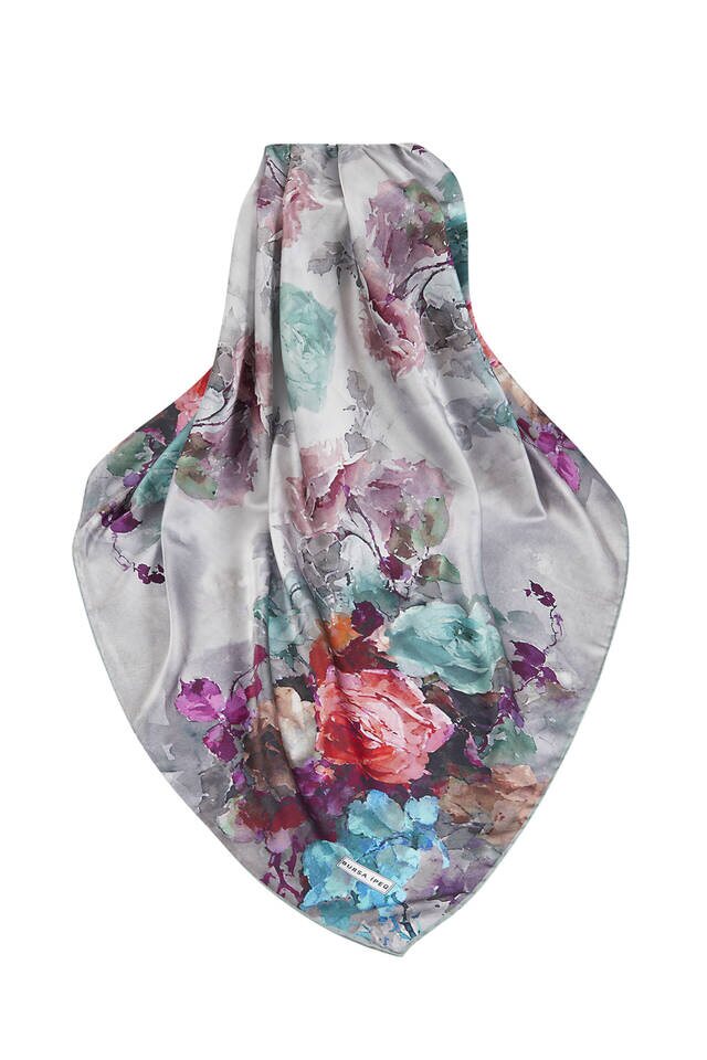 وشاح مربع حريري بنقشة زهور النعناع - 3