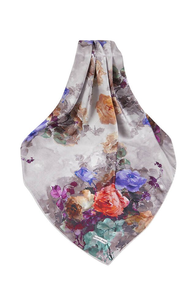 وشاح مربع حريري بنقشة زهور المنك - 3