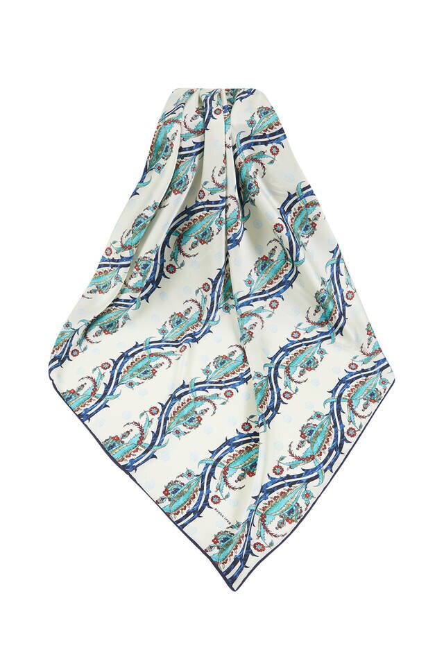 وشاح مربع حريري بنمط تركي أزرق داكن كاكي - 3