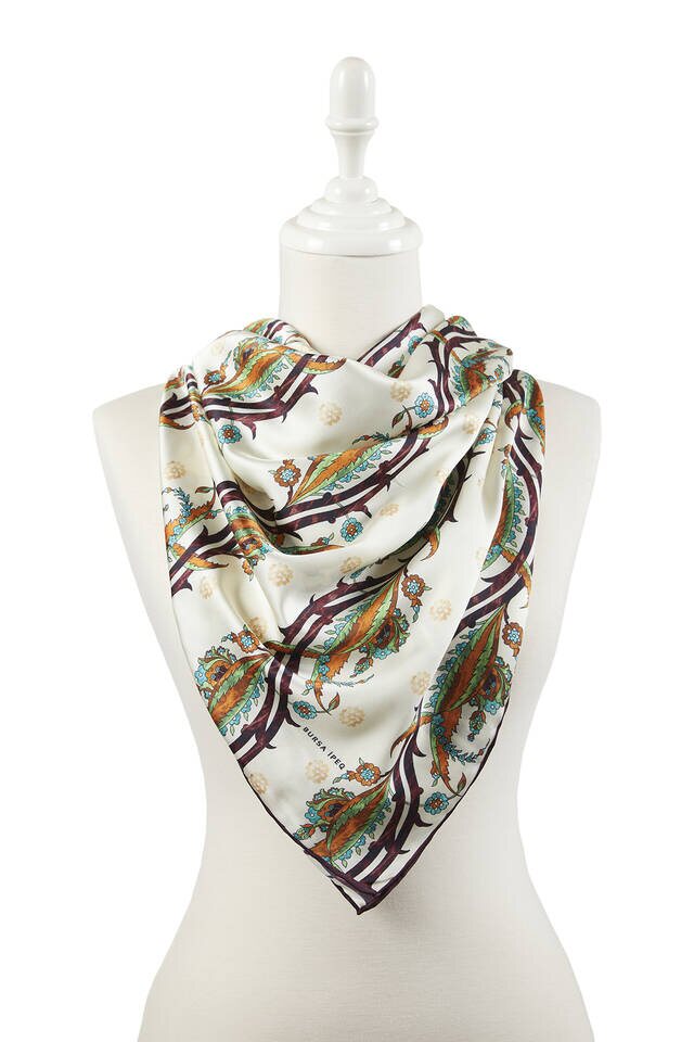 وشاح مربع حرير بنمط اللبلاب تركي برتقالي بني - 2