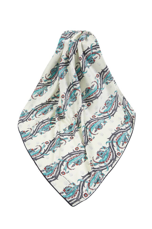 وشاح مربع حرير بنمط اللبلاب التركي باللون الأسود والرمادي - 3