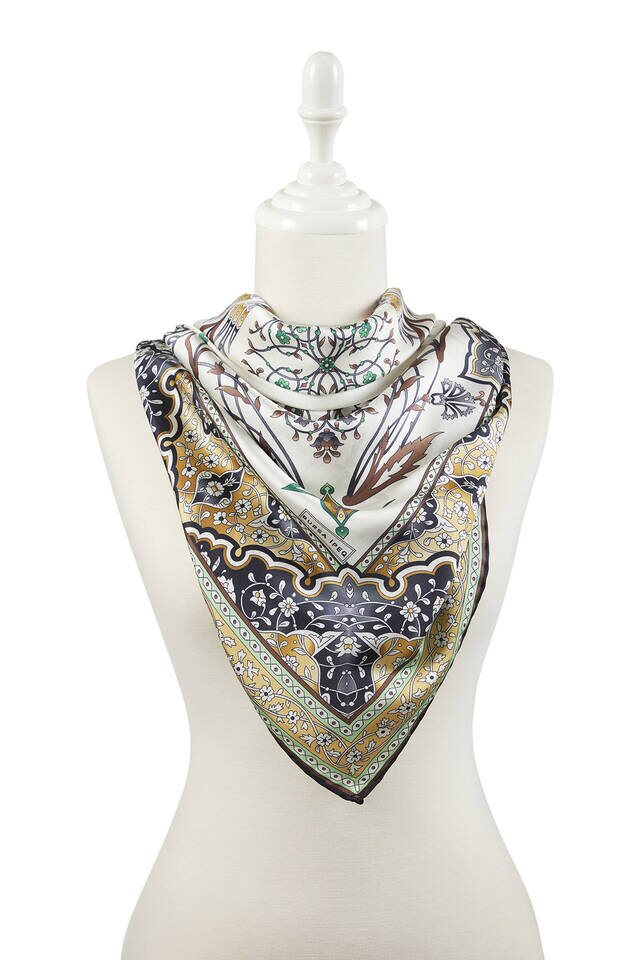 وشاح مربع حريري بنمط توليب بنمط توليب أصفر وأسود - 2