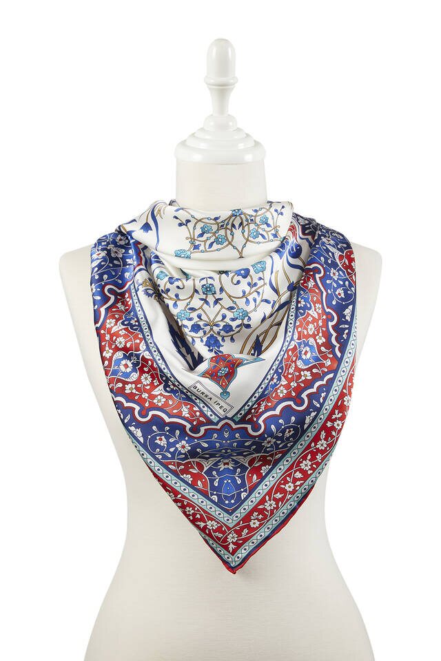 وشاح مربع حريري بنمط توليب شمعدان تركي أحمر من ساكس - 2