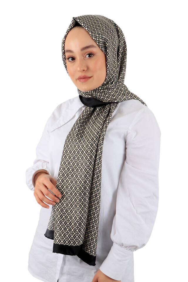 وشاح حريري من نسيج قطني طويل بنمط قرص العسل الأسود - 3