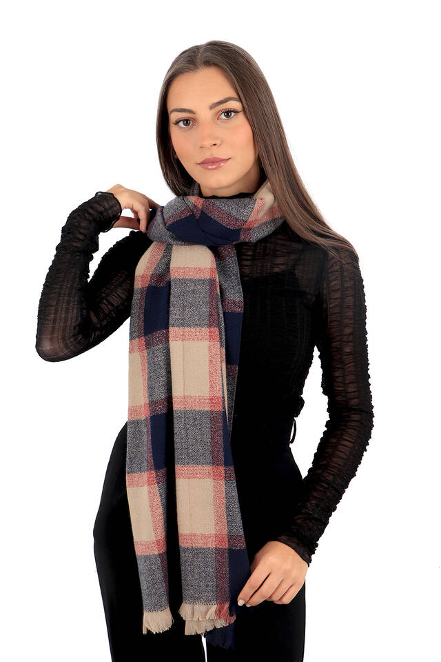 البيج الأزرق الداكن نمط منقوشة الشتاء شال - 2