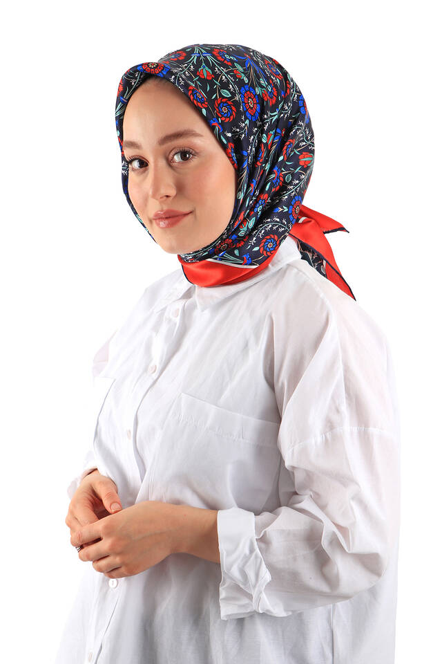 وشاح مربع من الحرير بنمط جانبي باللون الأزرق الداكن - 2