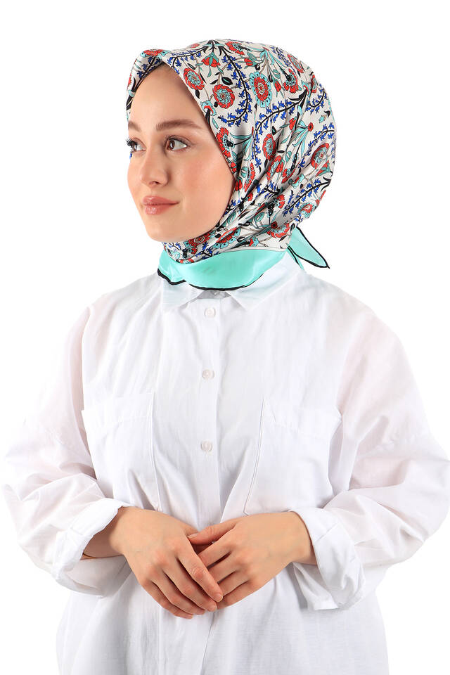 وشاح مربع من الحرير بنمط جانبي أخضر مائي - 2