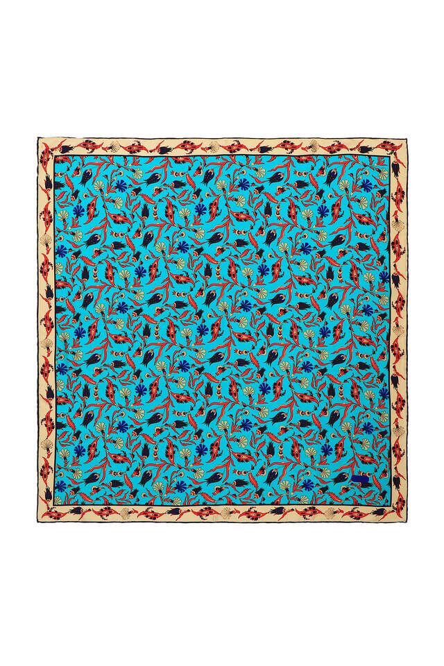 وشاح مربع من الحرير الخزامى والذهبي الفيروزي 