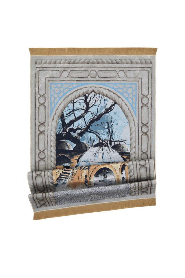 سجادة صلاة المخمل باللون الرمادي - 4