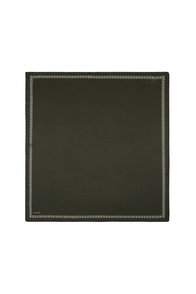 وشاح مربع من الحرير بجلد مدبوغ أخضر عسكري يحده فراشة - 1