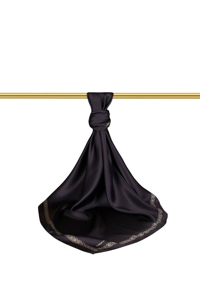 وشاح مربع حرير فراشة زرقاء داكنة يحد - 2