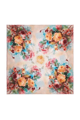 وشاح مربع من الحرير بزهور السلمون - Thumbnail