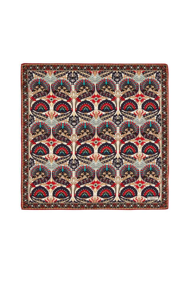 مربع جيب حرير بنمط طاووس أزرق كحلي - Bursa İpek