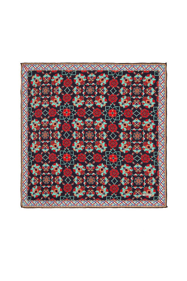 جيب حرير بنمط أزرق كحلي ذهبي مربع - Bursa İpek