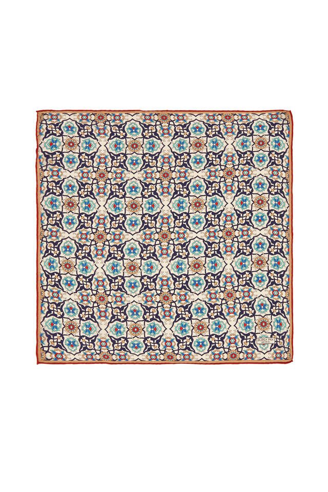 أزرق كحلي إكرو بلاطة لولبية نمط حرير جيب مربع - Bursa İpek