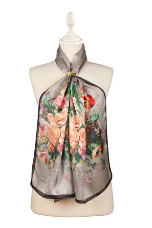 فولار حرير أسود ضيق بالزهور 