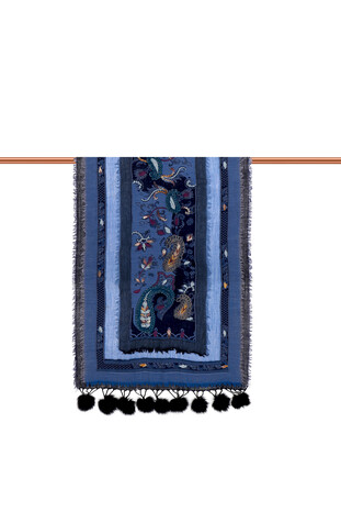 شال من الصوف المغسول ذو ثلاث طبقات باللون الأزرق الداكن - Thumbnail