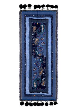 شال من الصوف المغسول ذو ثلاث طبقات باللون الأزرق الداكن - Thumbnail