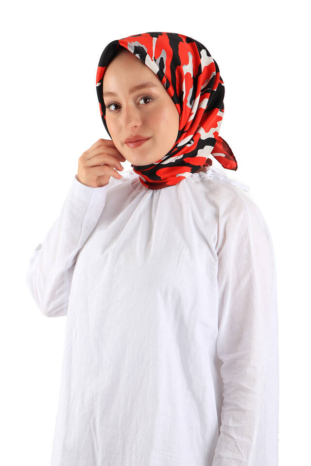 وشاح مربع من الحرير بنمط الساري الأحمر - 2