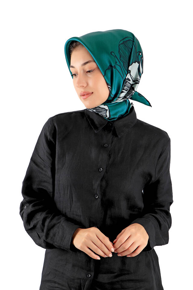 وشاح مربع من الحرير بنقشة زهرة البيجونيا باللون الأخضر البترولي - 2