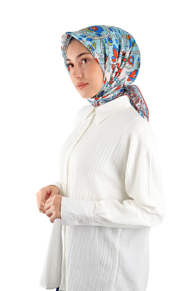 وشاح مربع من الحرير الفوال بنمط شال فيروزي - 2