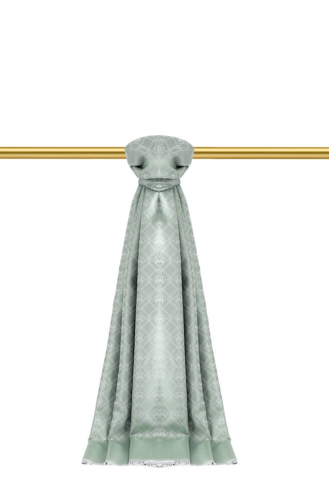 وشاح حرير منقوش بنقشة مونوغرام باللون الأخضر المائي - Bursa İpek