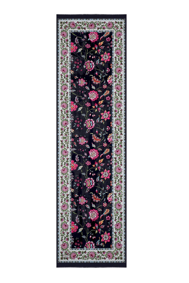 وشاح حرير من الفوال بنقشة زهرة الزنبق باللون الأزرق الداكن - 4