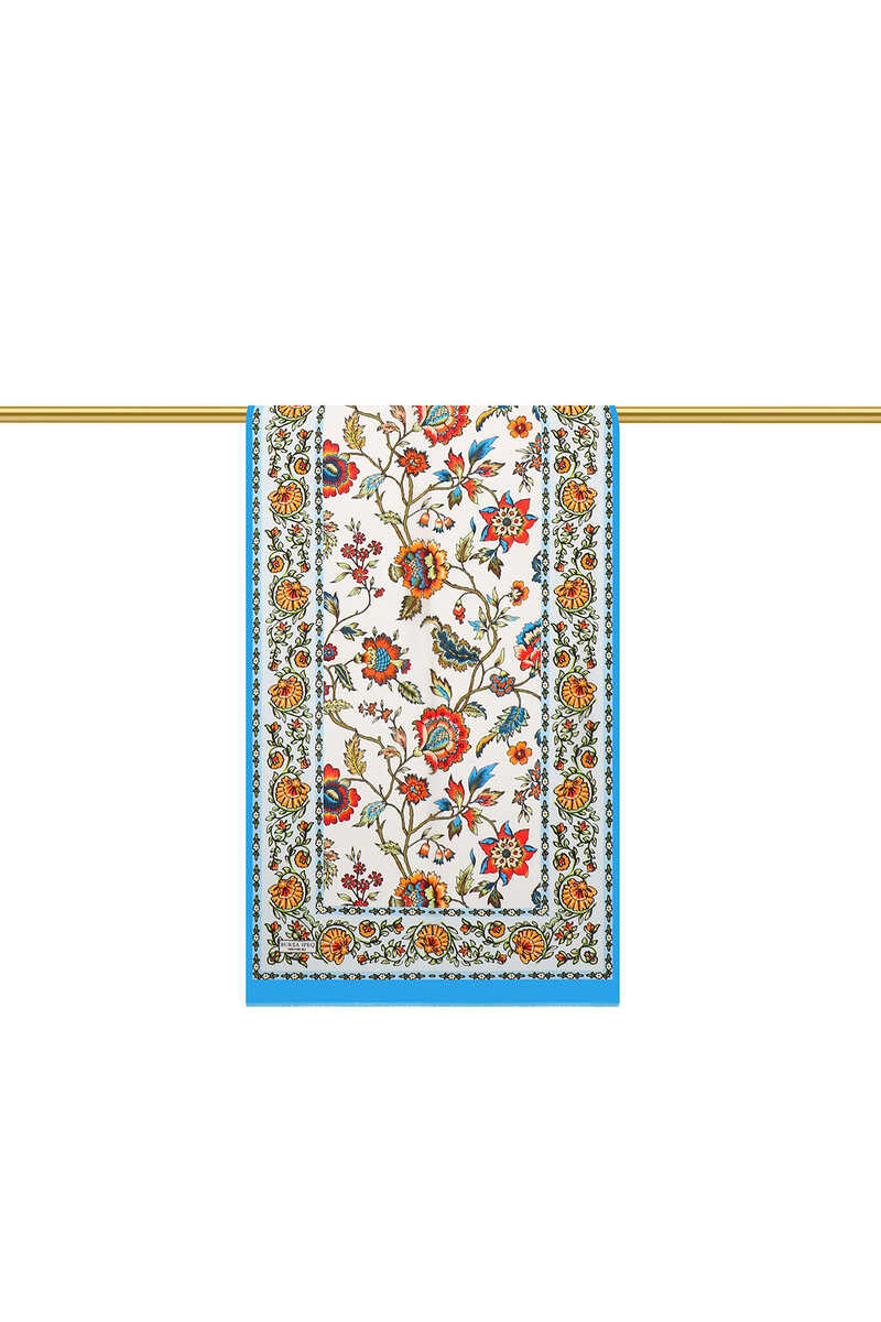 وشاح حرير من الفوال بنقشة زهرة الزنبق الفيروزية - 3