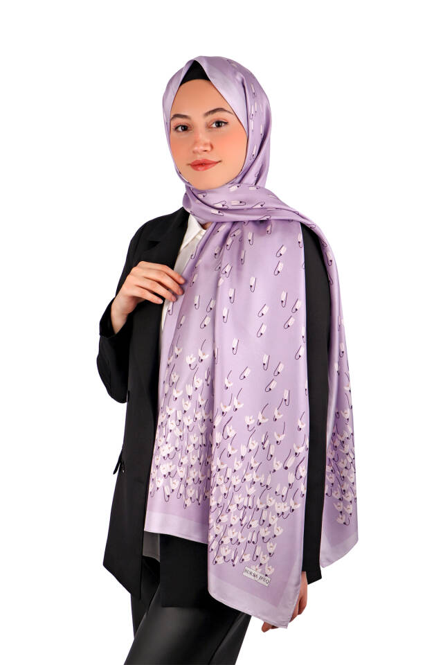 شال حرير مائل بنقشة زهرة الثلج الليلكية - 2