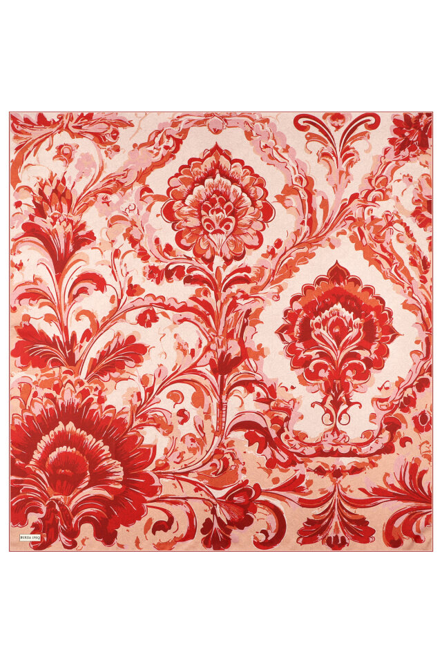 وشاح حريري مائل بنقشة زهور بورجوندي - 2