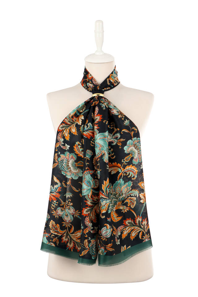 وشاح حرير فوال بنقشة زهور خضراء - 2