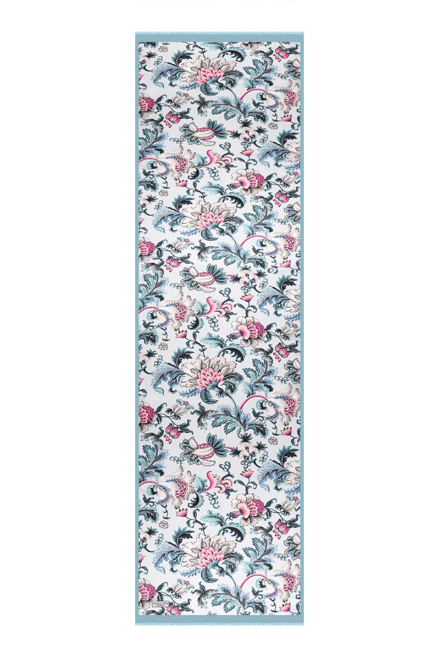 وشاح حريري من الفوال بنقشة زهور زرقاء فاتحة - 4